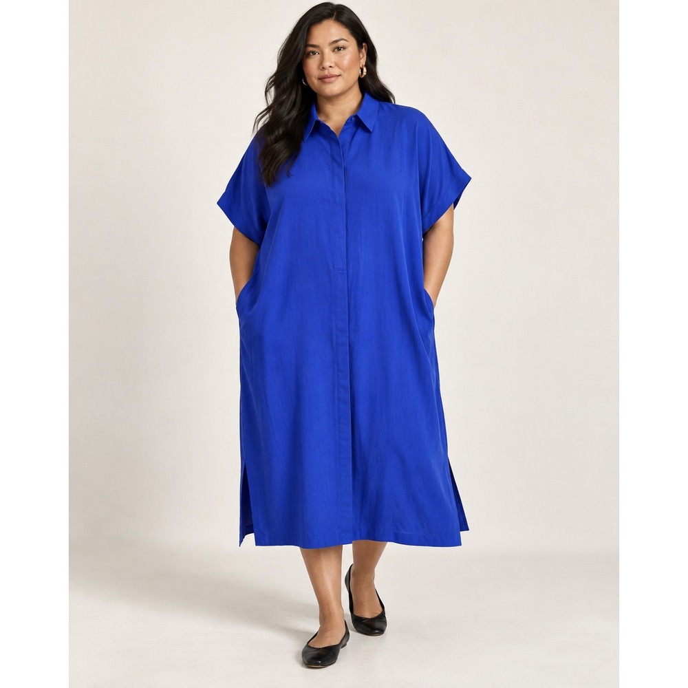 Eileen Fisher Cobalt Blue Tencel Midi Shirt Dress 2X Oversized Minimalist NWT